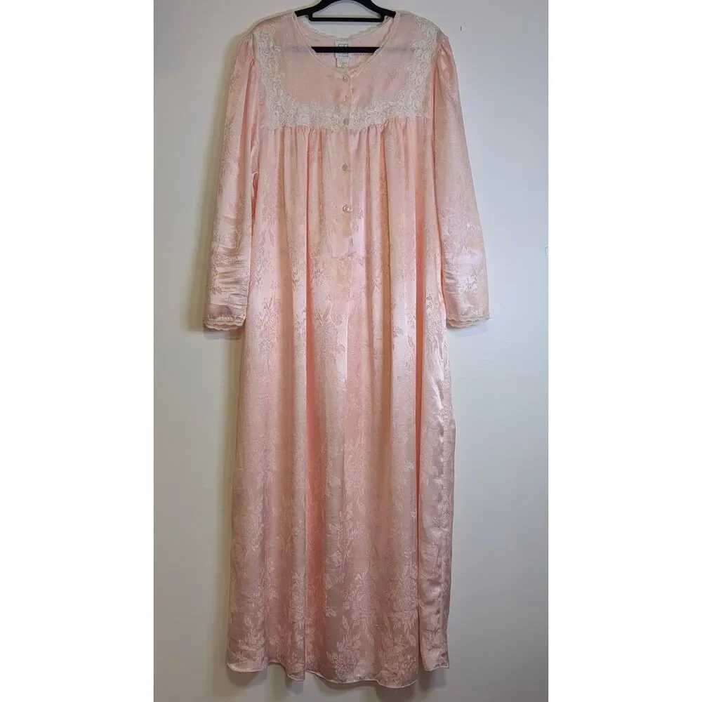 Vintage Eve Stillman Nightgown L Pink Floral Lace Trim Long Sleeve Maxi Gown - Picture 2 of 10